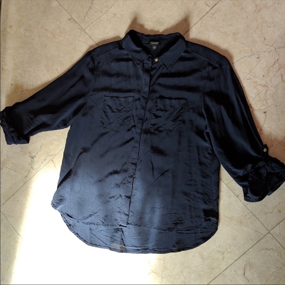 Ann Taylor Tops - Elaine: Ann Taylor Navy Blue Button Up Silk Blouse